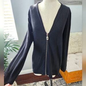 Michael Kors-Black Top, Sweater long Sleeve V-Neck Exposed Zip SZ Large